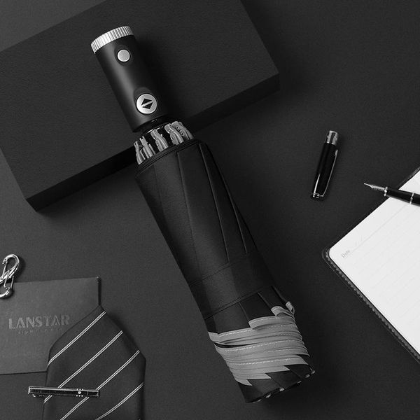 

umbrellas men and women automatic umbrella reflective strip 10 bone windproof shade black lamp