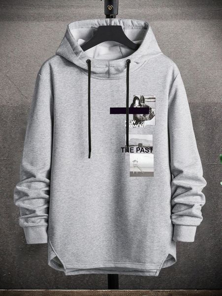 

men dog & letter graphic drawstring asymmetrical hem hoodie y5ru#, Black