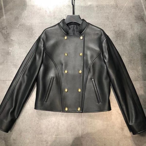 

women's leather & faux mandarin collar jacket ladies real sheepskin coat, Black