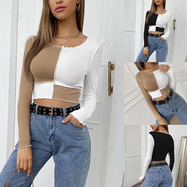 

women's colorblock rib knit slim fit long sleeve crop t-shirt, White