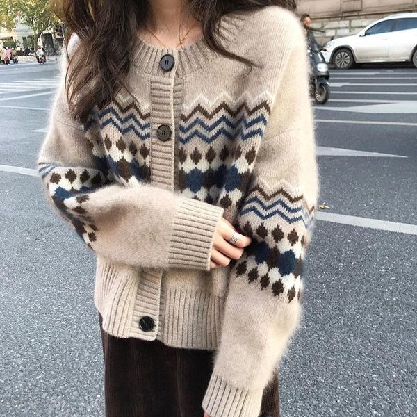 

women's knits & tees autumn knitted cardigans female korean o-neck long sleeves loose casual coats vintage short sweater outerwear wome, White