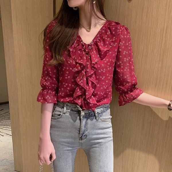 

women's blouses & shirts blouse chiffon shirt v-neck floral casual 2021 summer fashion women blusas de mujer, White