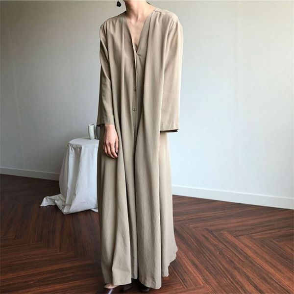 

2021colorfaith new 2021 women spring summer dresses lace up casual buttons fashionable v-neck vintage oversize long dress dr1150, Black;gray
