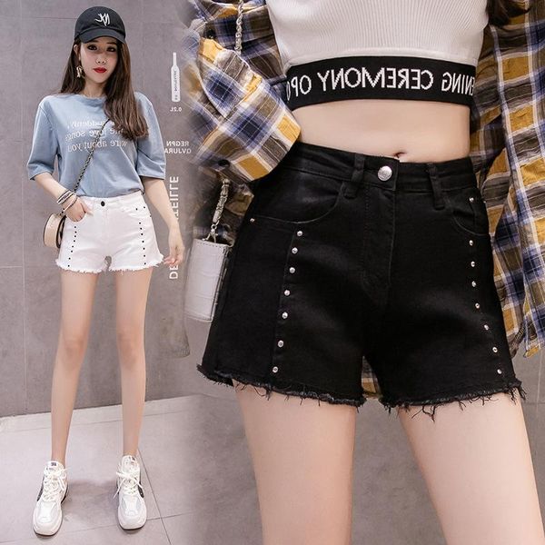 

women's jeans 2021 rivet fashion high waist all-match denim shorts female students were thin edges pants distressed ripped, Blue