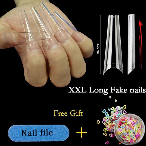 

false nails 240pcs xxl long fake tips half cover clear nail tip french coffin manicure tools, Red;gold