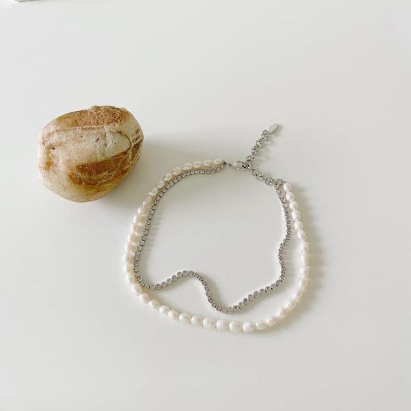 

pendant necklaces korean style freshwater pearl zircon double-layer clavicle chain vintage fashion necklace for women girls wedding jewelry, Silver