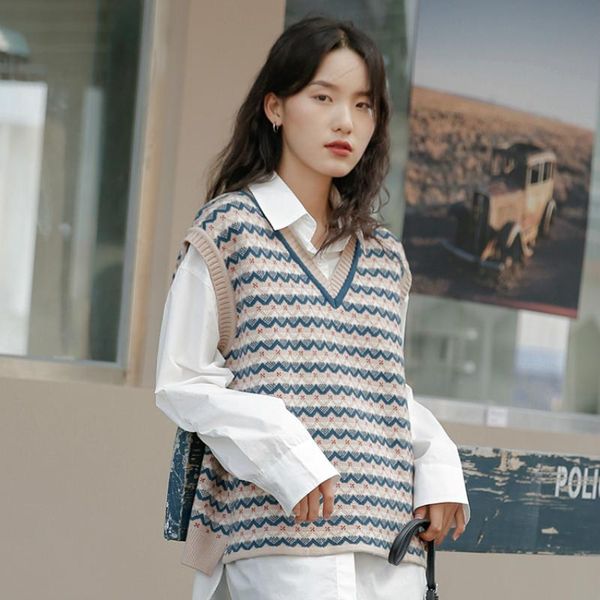 

women's vests pullover aesthetic sweater vest splicing color soft sleeveless knitted chalecos para mujer women clothes de50mj, Black;white