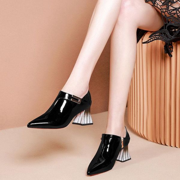 

spring pointed toe patent leather shoes woman,women pumps,high heels,square heel,slip on, black,white dress