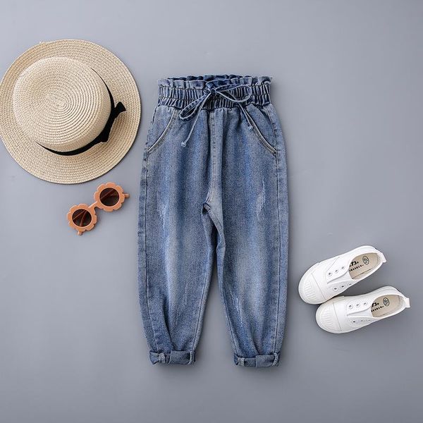 

jeans girls' spring and autumn clothes, foreign style jeans, children's trousers, girls flower buds, high-waisted harem pants, Blue