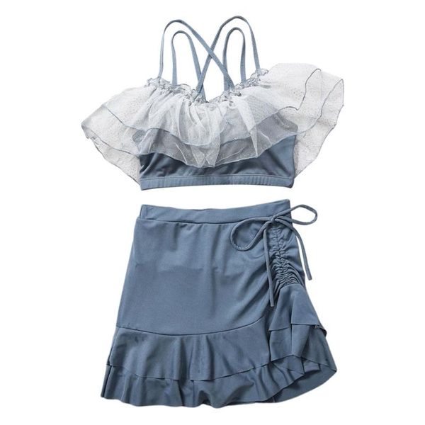 

one-piece suits feminine bikinis sets women spliced mesh dot lace-up japanese style puff sleeve sweet girls ins beachwear cute teens beach