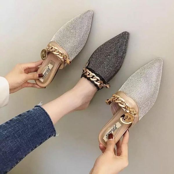 

pointed toe half slippers female summer wear 2021 fashion rhinestone lazy flats sandals casual metal chain slides, Black