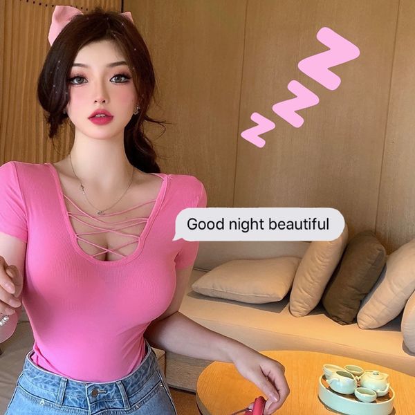 

women's tracksuits tight-fitting short-sleeved t-shirt female v-neck chest cross design shirt fashion european and american i, Gray