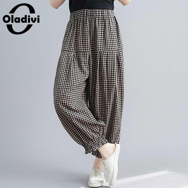 

oladivi plus size wide leg plaid high wasit harem pants women casual loose capris pant spring summer 2021 trousers l 3xl 4xl women's &, Black;white