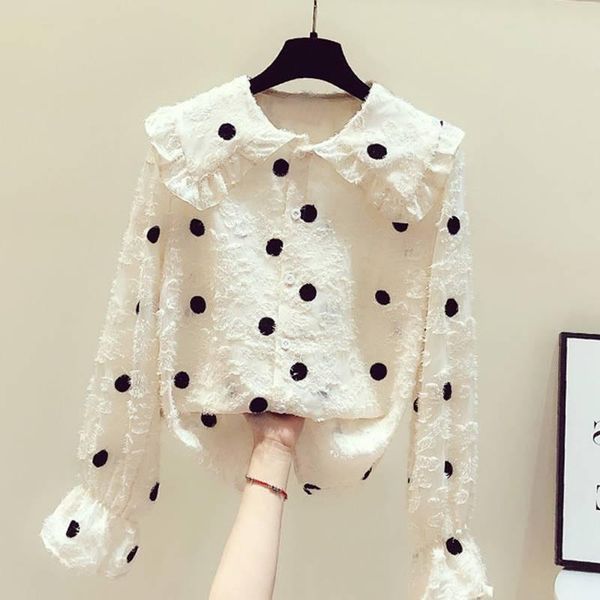 

women's blouses & shirts spring and autumn 2021 wave dot shirt long-sleeved doll collar bottoming, White