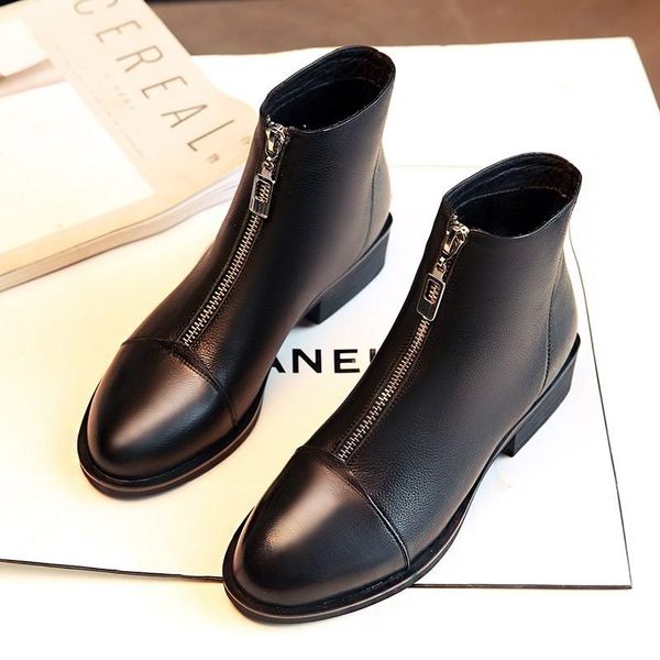 

boots fashion women ankle pu leather front zipper low heels shoes for fall winter tc21, Black