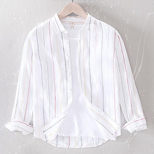 

men's casual shirts men spring autumn fashion japan style breathable linen healthy fabric striped business slim fit minimalist top, White;black