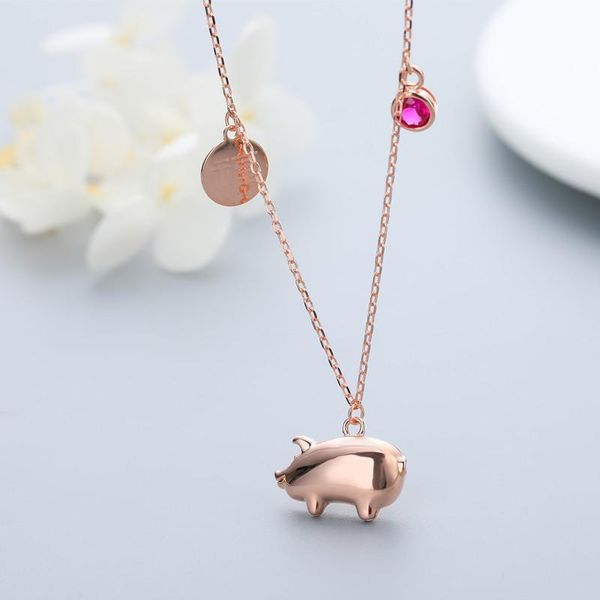 

pendant necklaces s925 sterling silver red crystal glossy piglet ladies fashion simple clavicle chain necklace jewelry gift 6-xl1090