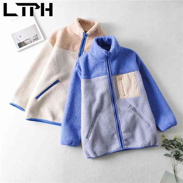 

ltph fashion patchwork teddy coat loose mid-length jacket women zipper stand collar thicken warm outerwear spring autumn 210423, Black;gray