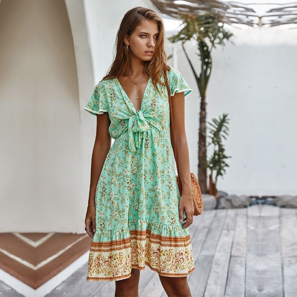 

deep v neck summer ladies bow floral print women 2021 new high waist boho style vacation beach dress, Black;gray