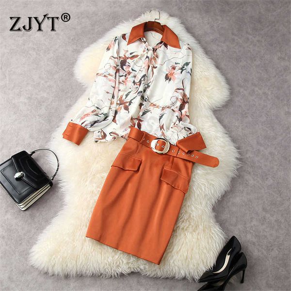 

elegant designers spring women 2 piece ol outfits fashion long sleeve print chiffon shirt and pencil skirt suit sets 210601, White