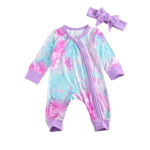 

born girls boys romper children's tie-dyed diagonal zipper long sleeve and pants jumpsuit with bow headband 2 pcs suits jumpsuits, Blue