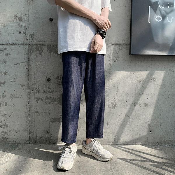 

men's jeans denim pants thin loose plus size straight wide-leg spring summer ice silk casual nine-point solid -3xl, Blue