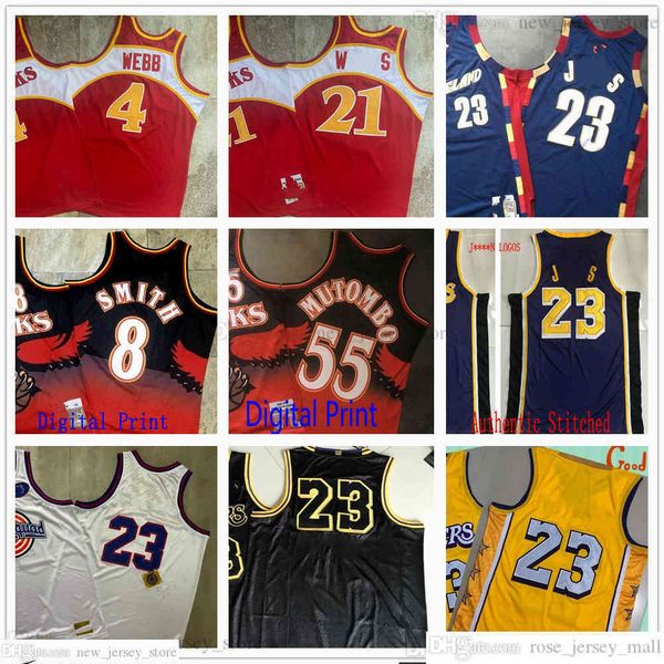 

real stitched retro basketball 23 lebron 4 spud james webb jerseys authentic embroidery quality jersey digital print 55 dikembe 8 steve muto, Black;red