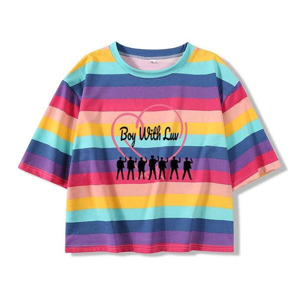 

women's t-shirt boy with luv printed pattern kpop style casual high street rainbow stripes tee shirt summer harajuku all-match crop, White