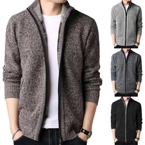 

men's hoodies & sweatshirts man funnel collar zip up thermal fleece lined knit cardigan warm sweater jumper, Black