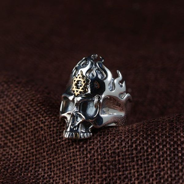 

cluster rings s925 silver vintage thai craft ring for men punk style skull cool flame design jewelry, Golden;silver