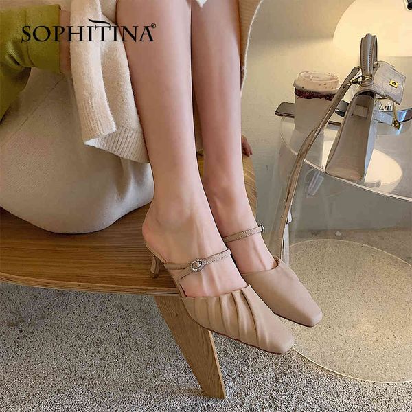

sophitina concise style leather high heels women shoes pumps mules thin pleated comfortable dressing summer square toe fo189 210513, Black