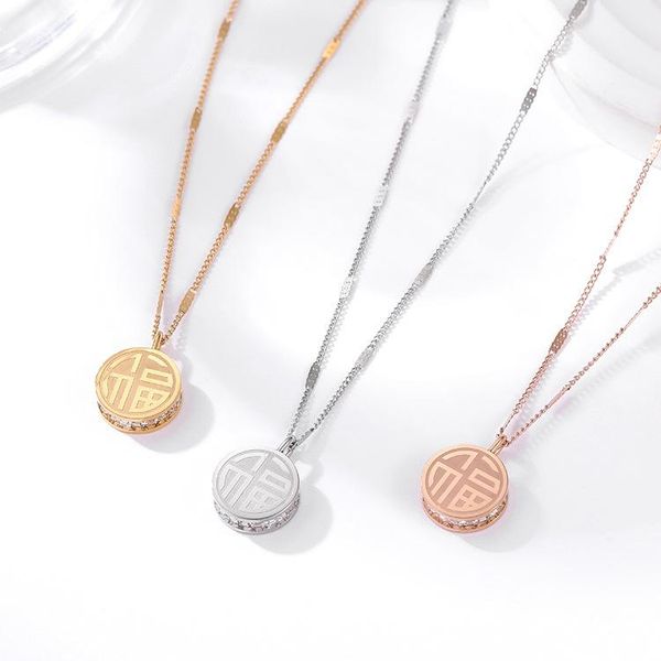 

chains summer chinese style fu xi snake bone titanium steel necklace female simple round brand retro inlaid zircon pendant jewelry, Silver