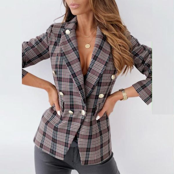 

women's jackets spring autumn plaid elegant jacket women double-breasted slim casual business 2021 fashion office ladies, Black;brown