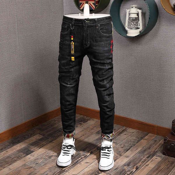 

jeans newly designer fashion men jeans embroidery elastic slim fit ripped denim pencil pants japanese style spliced hip hop trousers, Blue