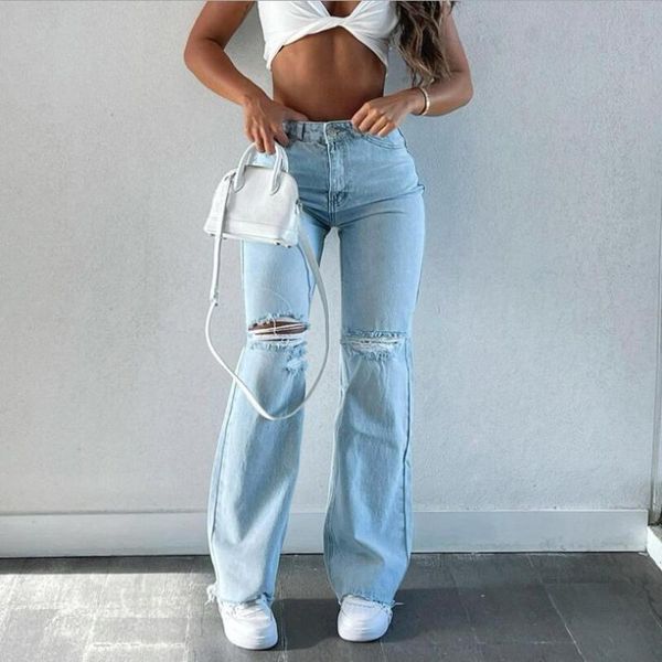 

women's jeans womens skinny 2021 ripped wide leg for women high waist blue wash casual cotton denim trousers female flared pants p810