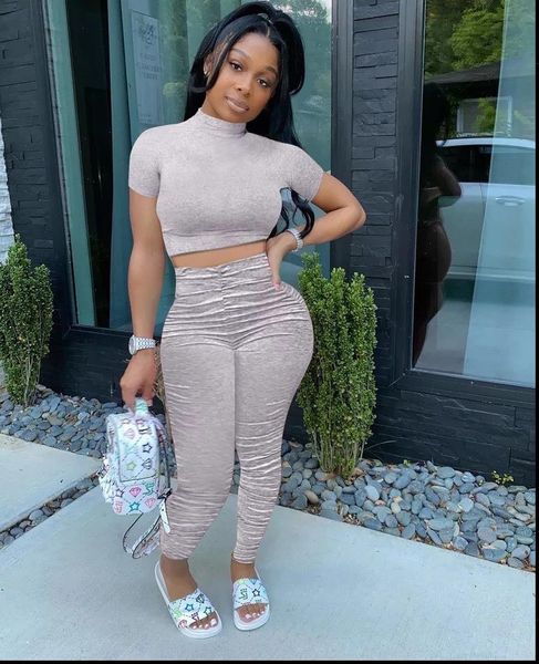 

lounge wear stacked leggings 2 women tracksuits piece set tracksuit fitness t shirts crop pants bodycon two joggings femme, Gray