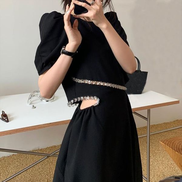 

french short sleeve elegant women dresses summer one piece korean design party females hollow out y2k, Black;gray