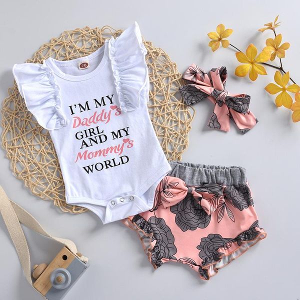 

clothing sets summer 0-24m baby infant born girl ruffled ribbed bodysuit floral shorts headband 3pcs set, White
