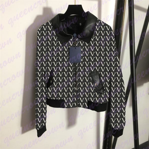 

letter printed leather jacket long sleeve short coat design lapel neck zipper jackets coats for women, Black;brown