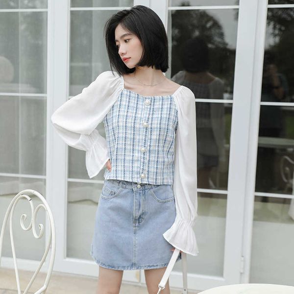 

verhellen women shirts autumn fashion plaid chiffon stitching pearl button square collar sweet all-match blouse female 210706, White