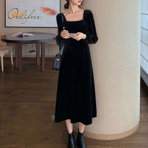 

autumn women black velvet long sleeve vintage solid elegant lady party dress 210415, Black;gray