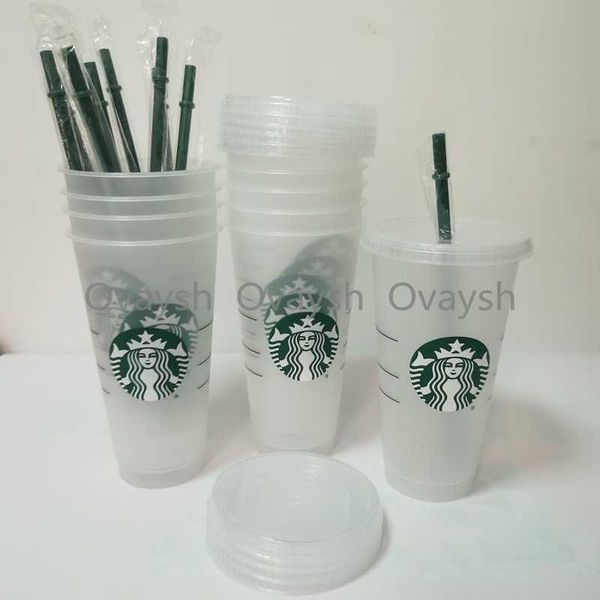 

starbucks 24oz/710ml plastic tumbler reusable clear drinking flat bottom cup pillar shape lid straw mug bardiansi60