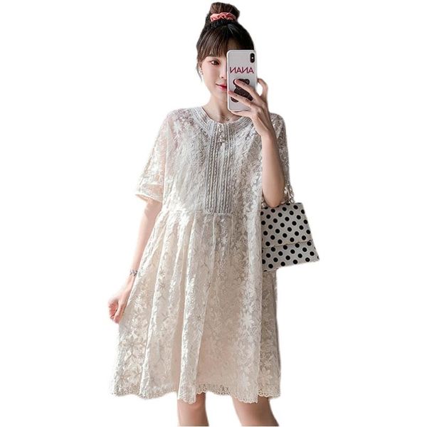 

summer plus size lace dress cute loose dresses for pregnant women maternity elegant fashion clothes pregnancy apricot, White