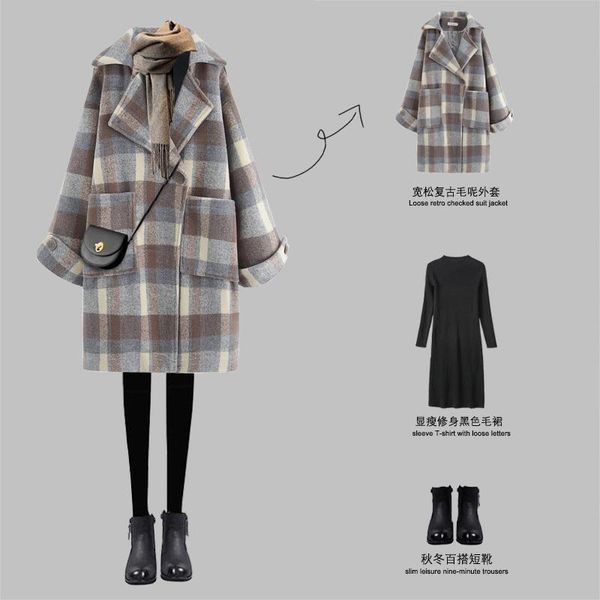 

women's wool & blends jacket women coat plaid autumn and winter woolen veste manteau femme, Black