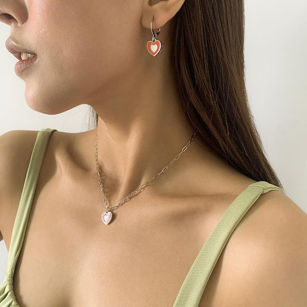 

pendant necklaces european and american style sweet peach heart pendant, metal chain necklace, heart-shaped earrings set, ladies jewelry, Silver