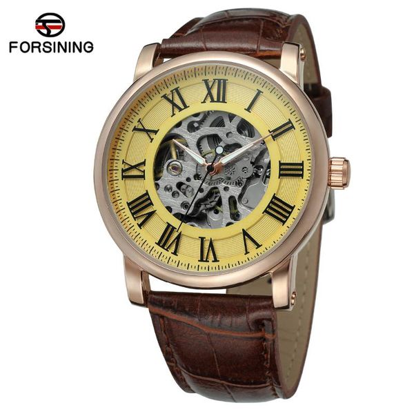 

forsining men's watch product automatic self-wind dial roman numbers leather strap wristwatch fsg8051m3 wristwatches, Slivery;brown