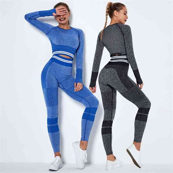 

workout outfits for women seamless yoga set sportswear long sleeve gym clothes fitness sport bra high waist leggings sports suit 210802, Gray