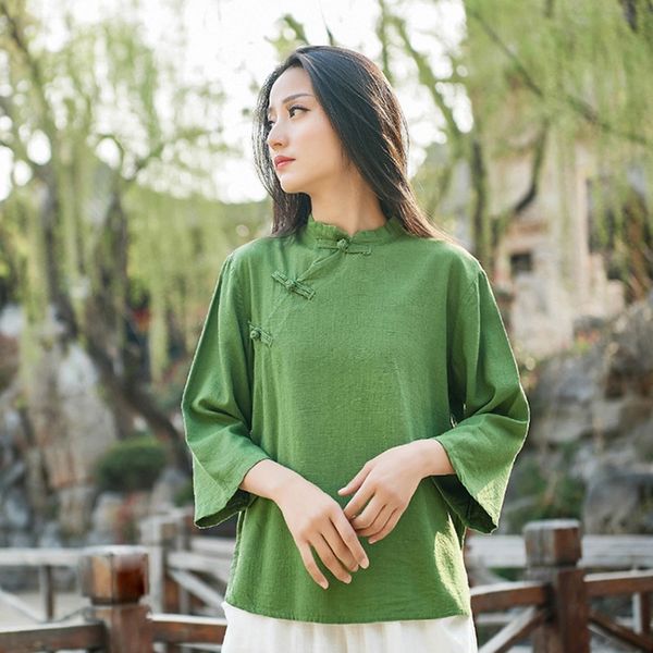 

mandarin collar womans shirt chinese traditional long sleeve cheongsam traditional chinese linen blouse 11239, Red