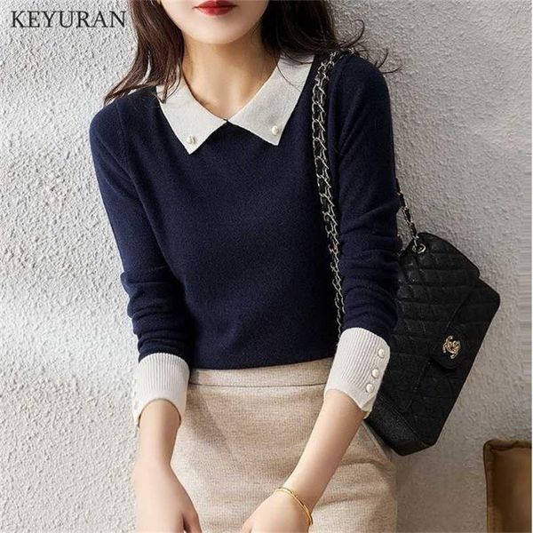 

women knitted sweater pullover autumn korean vintage pearl beading turn-down collar long sleeve patchwork jumper female 211217, White;black
