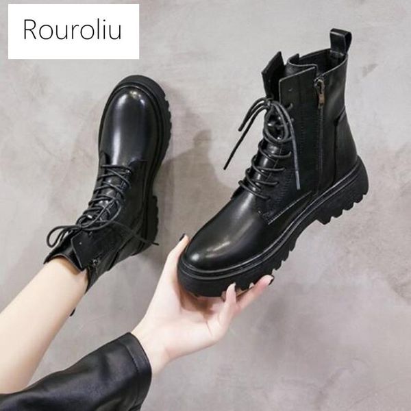 

boots spring autumn breathable ankle leather women 2021 lace-up thick sole short female british style casual footwear, Black